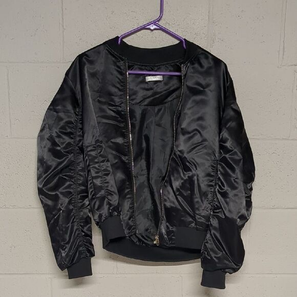 Women's Black Satin Cinch Sleeve Bomber Jacket Size Small NWOT, Bikercore, Edgy - Picture 1 of 4